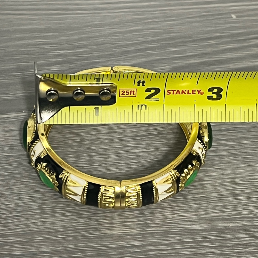 New Gold & Enamel Hinged Bangle Bracelet, Black & White with Green Stones - Picture 6 of 7